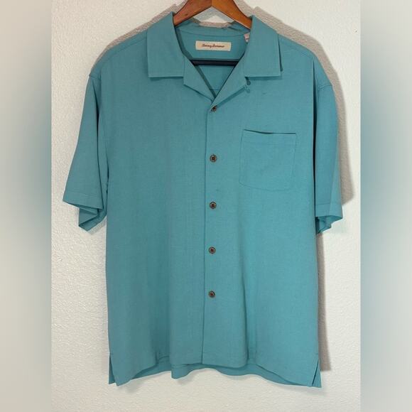 Tommy Bahama Teal 100% Silk Camp Button Down Shirt Large - Picture 1 of 9